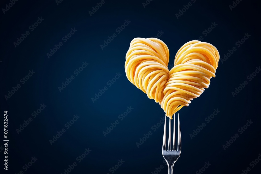 Poster fork with a heart made of spaghetti noodles. concept of playfulness and creativity, as the spaghetti