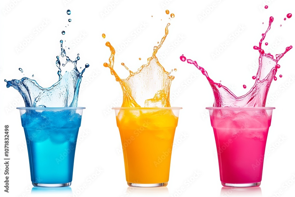 Poster three cups of different colored drinks with a splash of water. the drinks are in a row and the splas