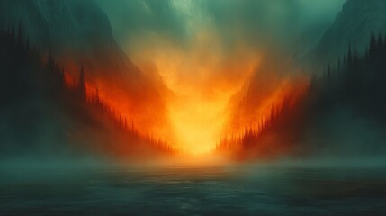 Fototapeta premium Fiery Sunrise in Misty Mountains