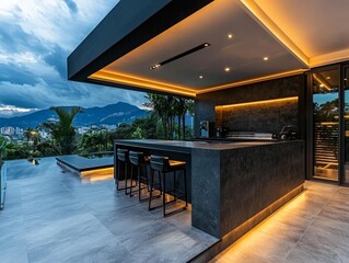 Modern Dark Minimalist Bar with Scenic View