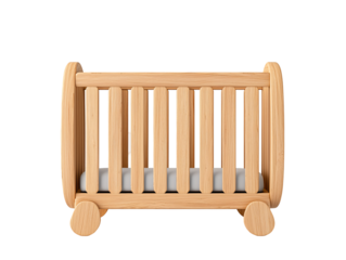 a wooden crib with wheels