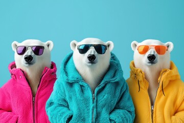 Obraz premium Polar bears in colorful attire and sunglasses, isolated on a pale blue background.