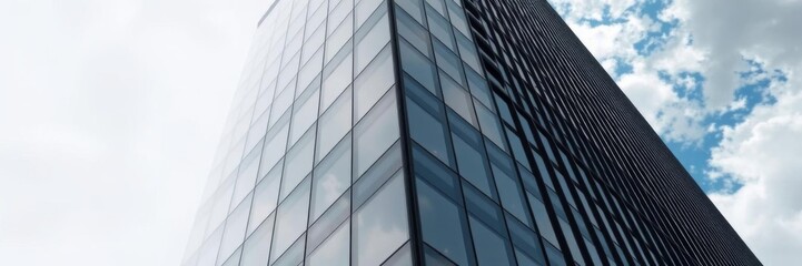 High rise building with dark steel window system reflecting clouds, futuristic architecture concept, 3D rendering, high rise, window system