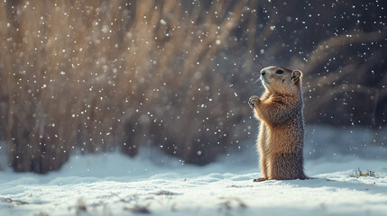 The groundhog stands tall on its hind legs in the snow, next to it there is a lot of free space for text.