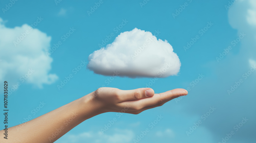 Poster a hand holding a cloud icon represents cloud computing. this means storing and sharing data online, 