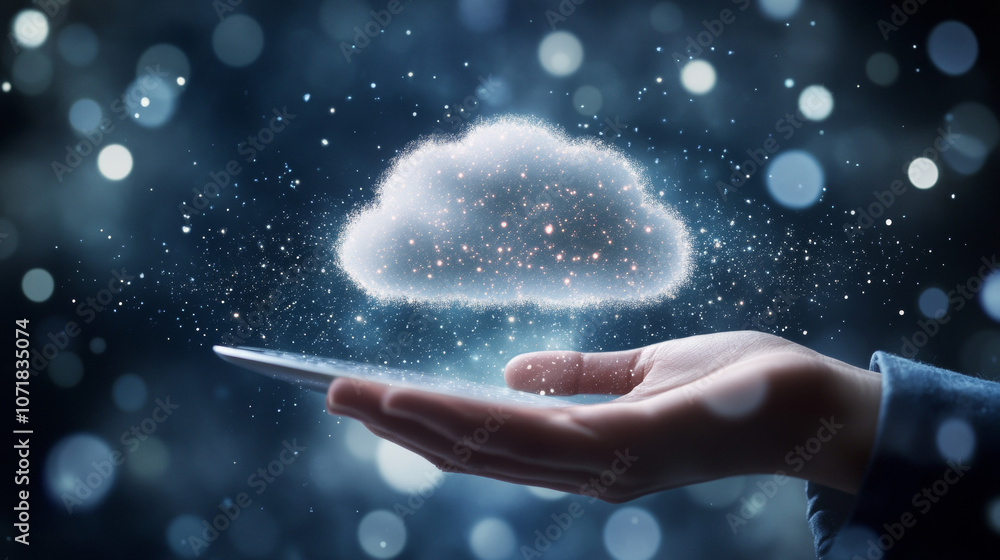Poster a hand holding a laptop shows a cloud icon with data moving inside. this represents storing data and