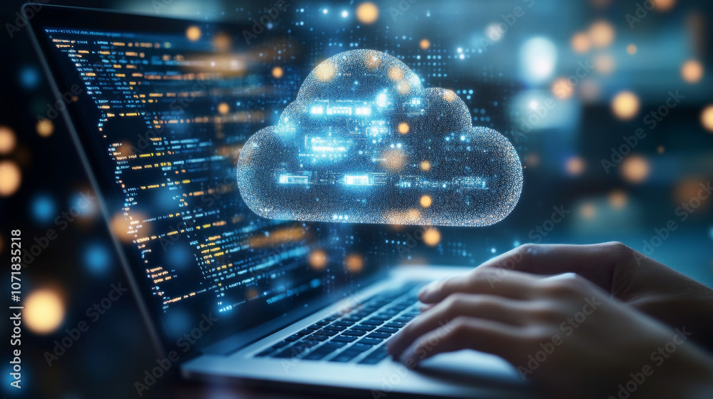 Poster a hand holding a laptop shows a cloud icon with data moving inside. this represents storing data and