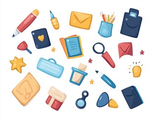 Colorful office supplies and stationery on a white isolated background.