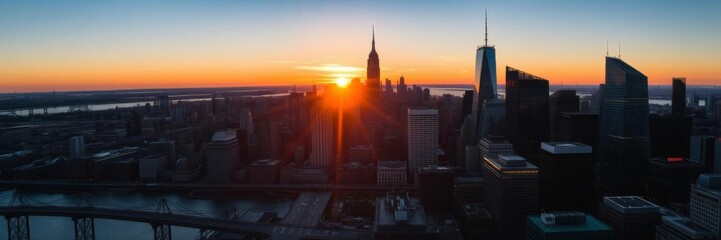 Majestic sunrise over Manhattan skyline with office buildings and skyscrapers, financial district, sunrise
