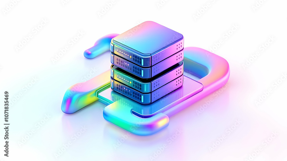Poster iridescent server stack on a modern platform isolated on white background