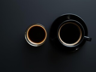 Minimalistic flat lay top view of a cup of coffee on a luxurious gold and black background, minimalistic, drink