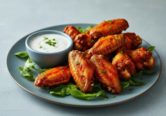Delicious Chicken Wings with Dip and Greens