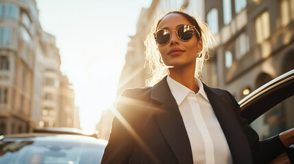 Design an image of a trendy woman exiting a sleek car, dressed in bold accessories and a fashionable jacket. The scene conveys a sense of elegance and independence, perfect for an