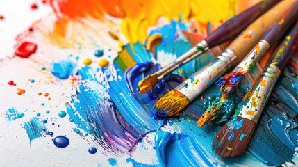 Fototapeta premium Vibrant paint splashes with brushes on colorful canvas, showcasing creativity and artistic expression. bright colors evoke sense of joy and inspiration