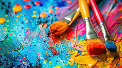 Obraz premium Vibrant paint splashes with brushes on colorful canvas create artistic scene. bright colors evoke creativity and inspiration, perfect for art enthusiasts