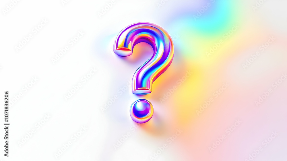Poster a 3d iridescent question mark with a holographic finish is positioned on a white background with a s