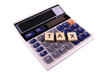 TAX on wooden blocks with calculator background isolated transparent, png file