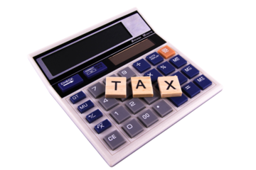 TAX on wooden blocks with calculator background isolated transparent, png file