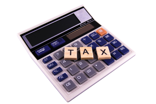 TAX on wooden blocks with calculator background isolated transparent, png file