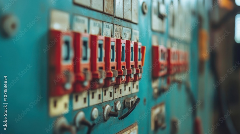 Aufkleber closeup view of an electrical switchbox or control panel filled with circuit breakers fuses and othe