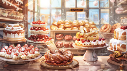 Delightful bakery display featuring various pastries, cakes, and desserts, showcasing warm and inviting atmosphere filled with sweet treats and vibrant colors