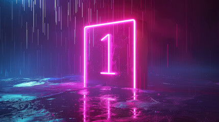 glowing neon number one in vibrant, futuristic setting with rain. scene evokes sense of excitement and anticipation