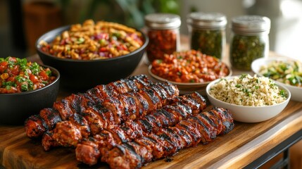 Obraz premium Grilled Meat Platter with Assorted Side Dishes