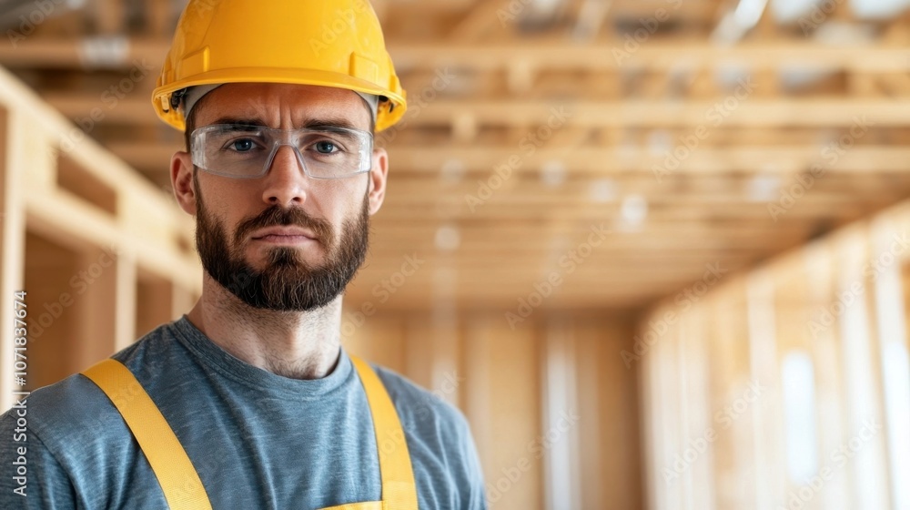 Poster portrait of a construction worker wearing a yellow hardhat and standing in a partially built constru