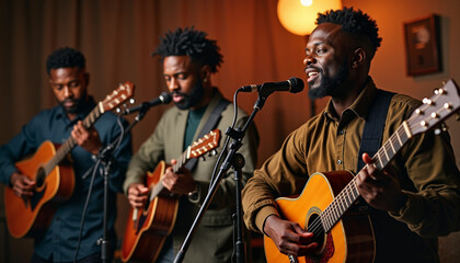 Obraz premium Musicians celebrate Black History Month with heartfelt acoustic performance in an intimate setting
