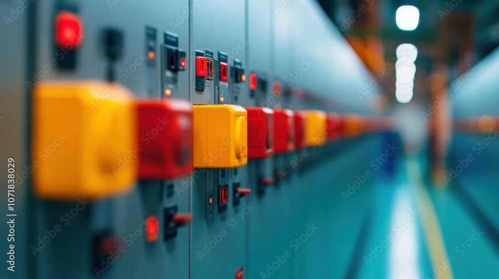 Poster close up detailed view of a modern industrial control panel with a grid of colorful switches circuit