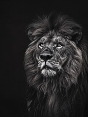 Anmutiges L&ouml;wen Portrait in schwarz weiss, edle und intensive Abbildung eines m&auml;nnlichen L&ouml;wens