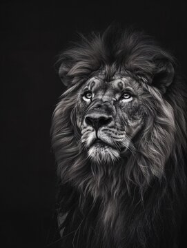 Anmutiges L&ouml;wen Portrait in schwarz weiss, edle und intensive Abbildung eines m&auml;nnlichen L&ouml;wens