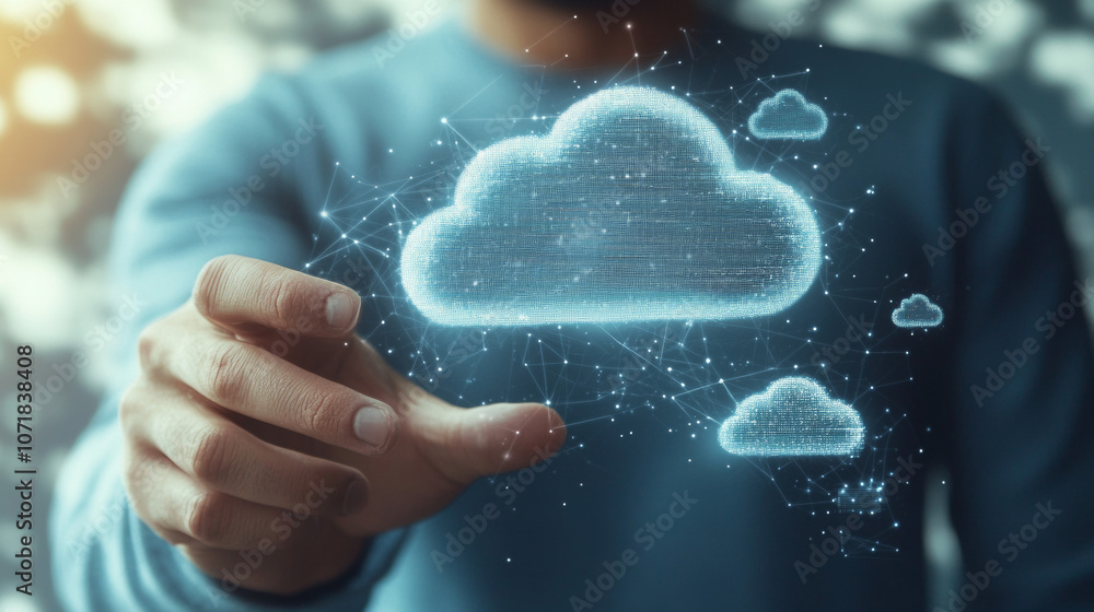 Poster a man interacts with cloud technology. he's accessing and sharing data, like files and information, 