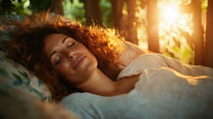 A woman with curly hair peacefully rests as morning sunlight filters through. Her serene expression and natural ambiance create a sense of relaxation and tranquility.