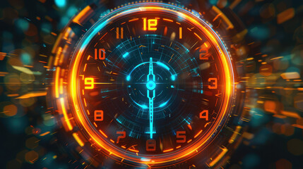 futuristic clock design with glowing blue and orange elements, showcasing digital aesthetic and intricate details. background features dynamic light effects, enhancing modern feel