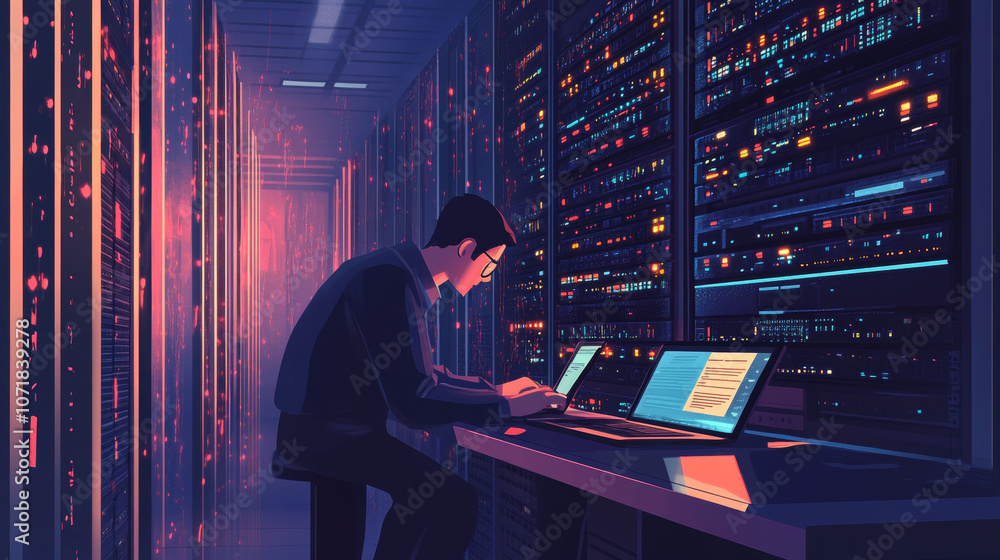 Poster a man works on his laptop in a server room. a technician is busy with the computer equipment in the 