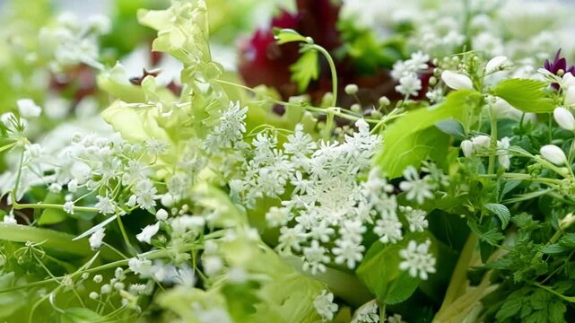 Macro shot of fresh salad ingredients, featuring delicate chervil flowers blooming amidst a variety of green leaves. The image evokes freshness, flavor, and a connection to nature