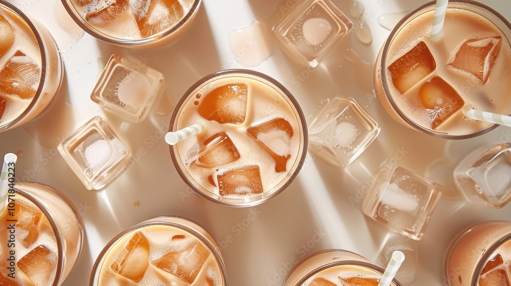 Poster a top-down view of refreshing iced drinks with straws and ice cubes on a light surface.