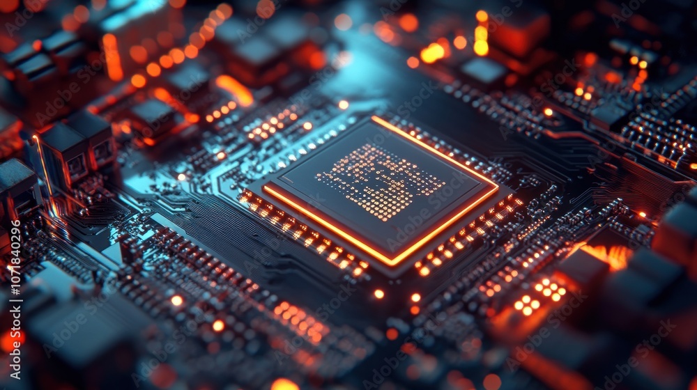 Aufkleber a close-up view of a glowing microchip on a circuit board, showcasing technology.