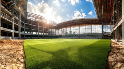 Naklejka premium A stadium with a large green field and a cloudy sky