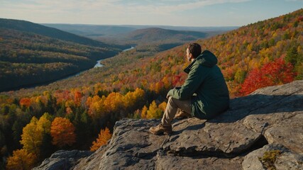 Fototapeta premium A person reflects on a cliff overlooking a picturesque valley filled with fall foliage in a tranquil, natural landscape
