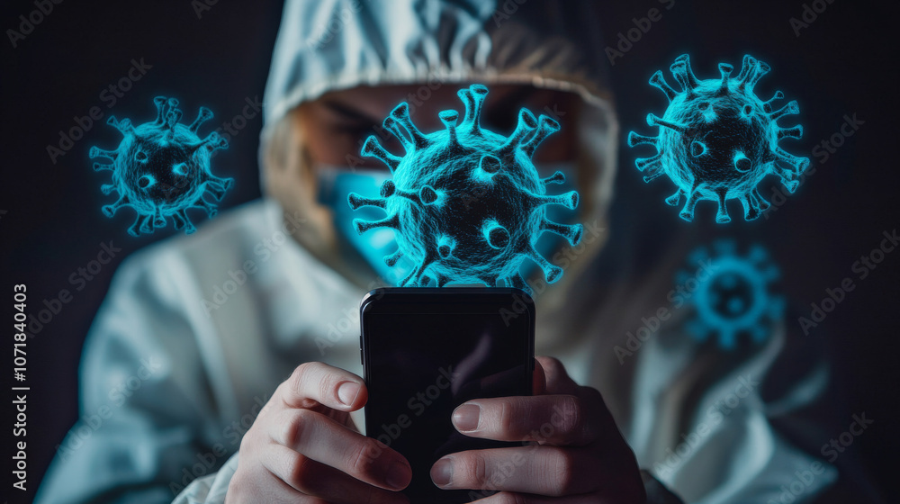 Aufkleber a person is holding a phone with a scary message about a virus spreading through text messages. the 