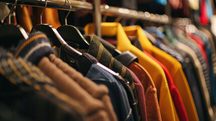Fototapeta premium Stylish clothing hanging on racks in vibrant retail store, showcasing variety of colors and textures. warm tones create inviting atmosphere for shoppers