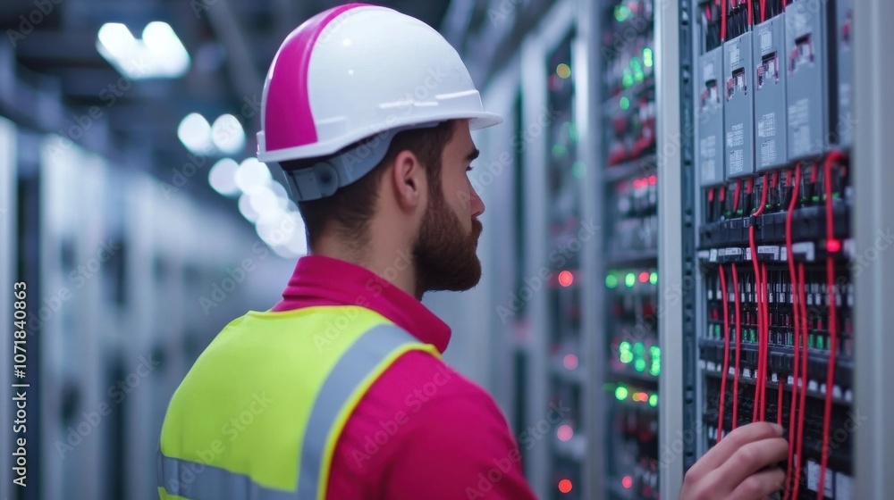Poster male technician in uniform and safety gear inspecting and maintaining server racks in a high tech da
