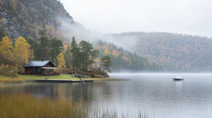 Quiet lake and house forest in autumn rain