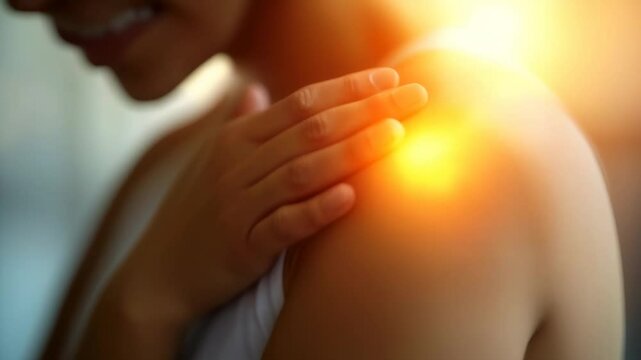 Close up of a woman experiencing intense shoulder pain, indicated by a warm, glowing light, as she gently touches the affected area with her hand, seeking relief and highlighting the discomfort