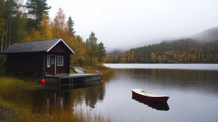 Quiet lake and house forest in autumn rain