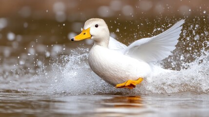 Obraz premium A white duck splashes joyfully in shimmering water, showcasing dynamic movement under the bright daylight