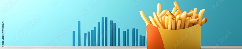 Poster a yellow container with french fries sits on a table. the fries are in a yellow container with an or