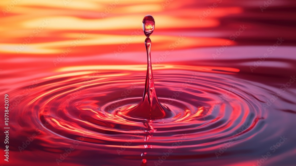 Poster water droplet splashing in colorful liquid, creating ripples and a striking visual effect.